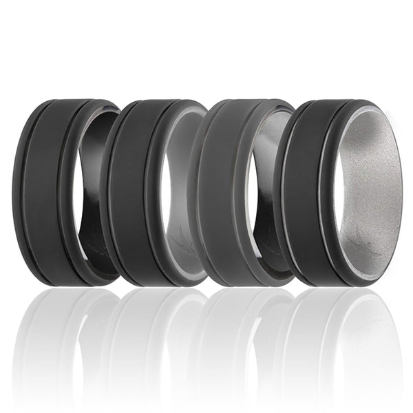 Silicone Wedding 2Layer Lines Ring Set - Silver-Camo by ROQ for Men - 4 x 9 mm Ring