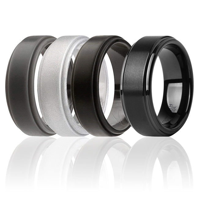 Silicone Wedding Twin Step Ring Set - Black by ROQ for Men - 4 x 10 mm Ring