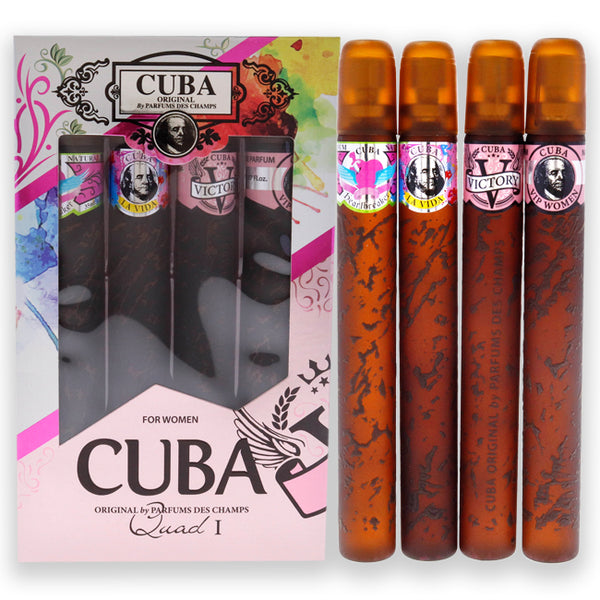 Cuba Cuba Quad I by Cuba for Women - 4 Pc Gift Set 1.17oz Cuba Heartbreak EDP Spray, 1.17oz Cuba La Vida EDP Spray, 1.17oz Cuba Victory EDP Spray, 1.17oz Cuba VIP EDP Spray