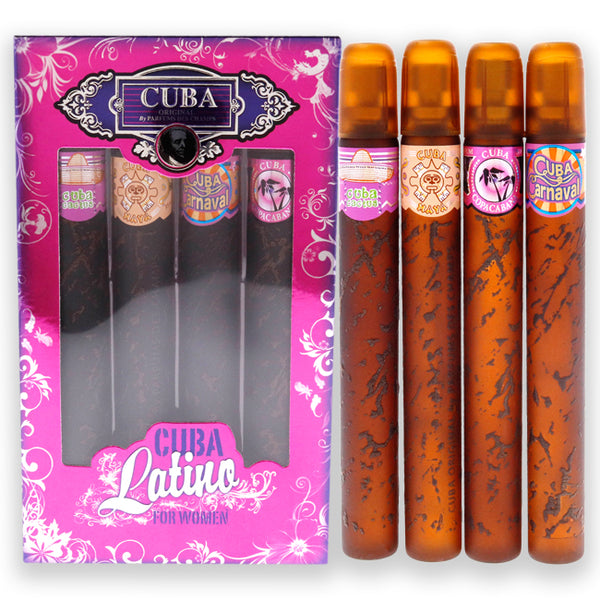 Cuba Cuba Latino Collection by Cuba for Women - 4 Pc Gift Set 1.17oz Cuba Copacabana EDP Spray, 1.17oz Cuba Maya EDP Spray, 1.17oz Cuba Carnaval EDP Spray, 1.17oz Cuba Cactus EDP Spray