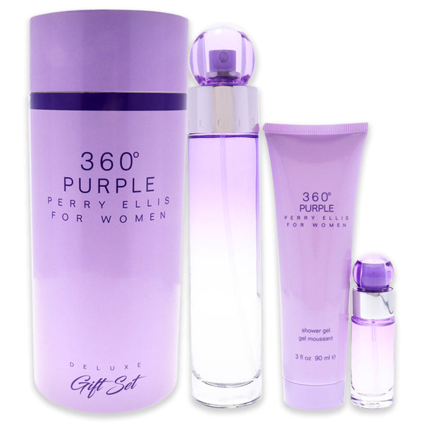 Perry Ellis 360 Purple by Perry Ellis for Women - 3 Pc Gift Set 3.4oz EDP Spray, 0.25oz EDP Spray, 3.0oz Shower Gel