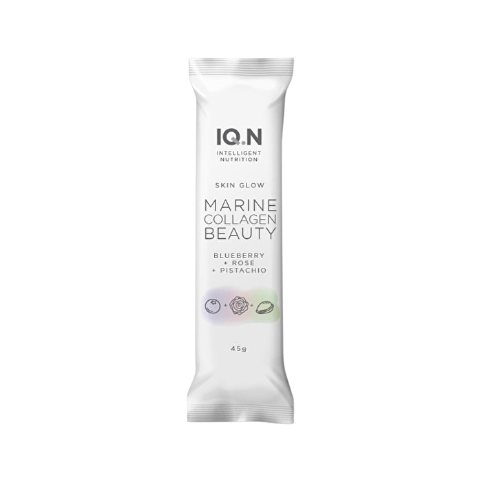 IQ.N INTELLIGENT NUTRITION IQ.N Intelligent Nutrition Bar Skin Glow Marine Collagen Beauty Blueberry+Rose+Pistachio 45g x 10 Display