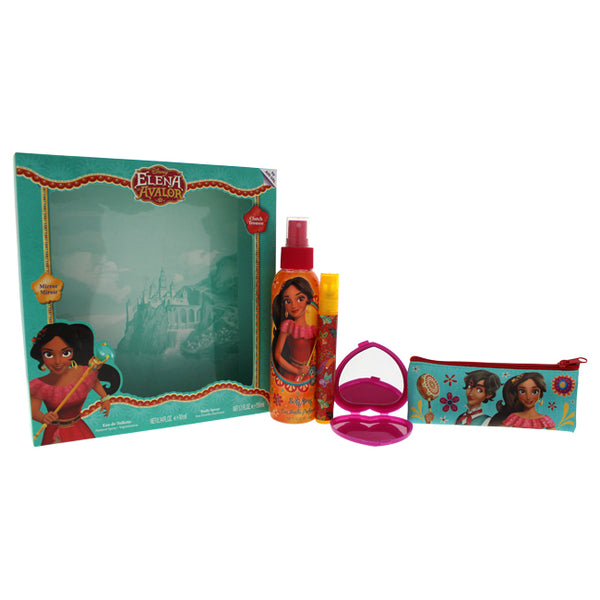 Disney Elena Of Avalor by Disney for Kids - 4 Pc Gift Set 0.34oz EDT Spray, 5.1oz Body Spray, Clutch, Mirror