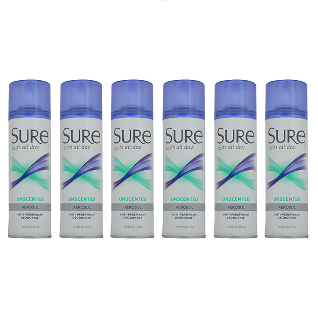 Sure Aerosol Unscented Anti-Perspirant and Deodorant by Sure for Unisex - 6 oz Deodorant Spray - Pack of 6