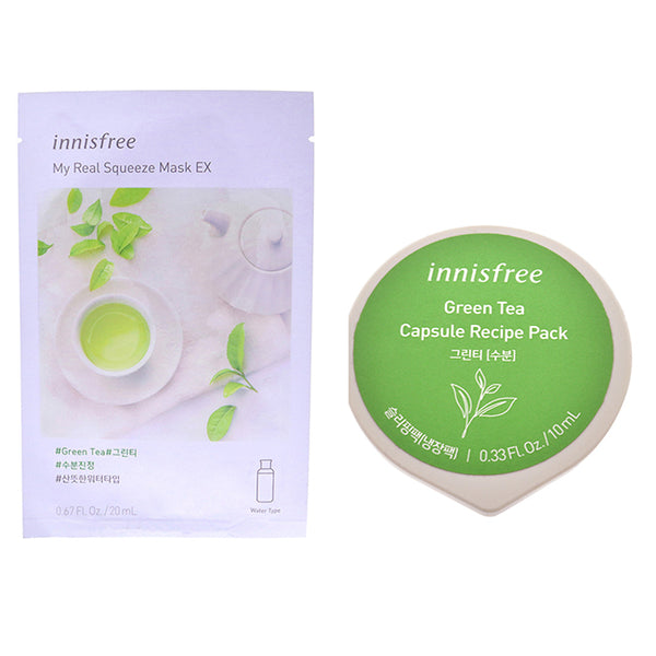 Innisfree Innisfree Mask - Green Tea Kit by Innisfree for Unisex - 2 Pc Kit 0.67oz My Real Squeeze Mask - Green Tea, 0.33oz Capsule Recipe Pack Mask - Green Tea