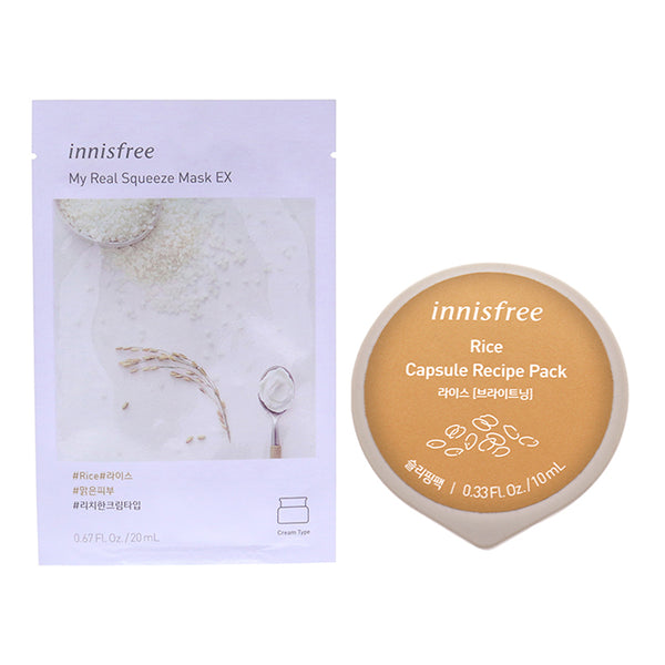 Innisfree Innisfree Mask - Rice Kit by Innisfree for Unisex - 2 Pc Kit 0.67oz My Real Squeeze Mask - Rice, 0.33oz Capsule Recipe Pack Mask - Rice