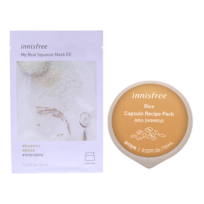 Innisfree Innisfree Mask - Rice Kit by Innisfree for Unisex - 2 Pc Kit 0.67oz My Real Squeeze Mask - Rice, 0.33oz Capsule Recipe Pack Mask - Rice