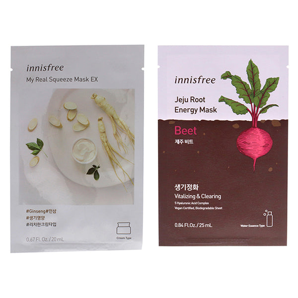 Innisfree Innisfree Mask - Ginseng and Beet Kit by Innisfree for Unisex - 2 Pc Kit 0.67oz My Real Squeeze Mask - Ginseng, 0.84oz Jeju Root Energy Mask - Beet