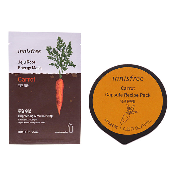 Innisfree Innisfree Mask - Carrot Kit by Innisfree for Unisex - 2 Pc Kit 0.84oz Jeju Root Energy Mask - Carrot, 0.33oz Capsule Recipe Pack Mask - Carrot