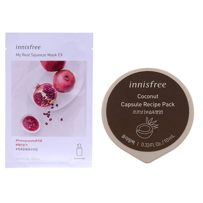 Innisfree Innisfree Mask - Pomegranate and Coconut Kit by Innisfree for Unisex - 2 Pc Kit 0.67oz My Real Squeeze Mask - Pomegranate, 0.33oz Capsule Recipe Pack Mask - Coconut