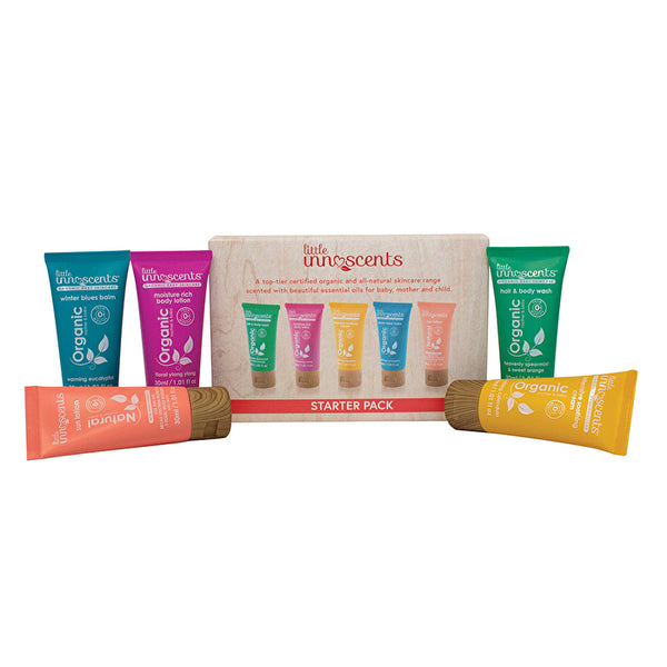 Little Innoscents Starter Pack (Contains: Organic Hair & Body Wash Spearmint & Orange, Organic Intensive Soothing Cream, Organic Winter Blues Balm, Organic Moisture Rich Body Lotion & Natural Sun Lotion SPF30)