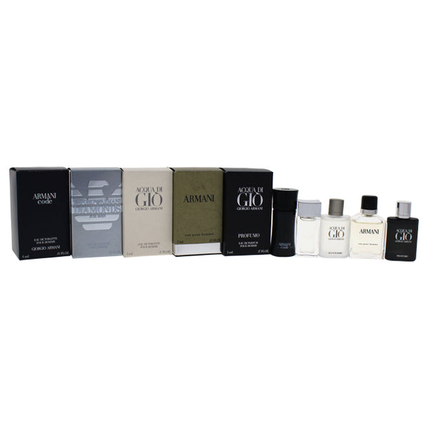 Giorgio Armani Giorgio Armani Variety by Giorgio Armani for Men - 5 Pc Mini Gift Set 0.14oz Armani Code EDT Splash, 0.14oz Emporio Armani Diamonds EDT Splash, 0.17oz The Mens Collection Acqua Di Gio EDT Splash, 0.24oz Armani Eau Pour Homme EDT Splash, 0.1