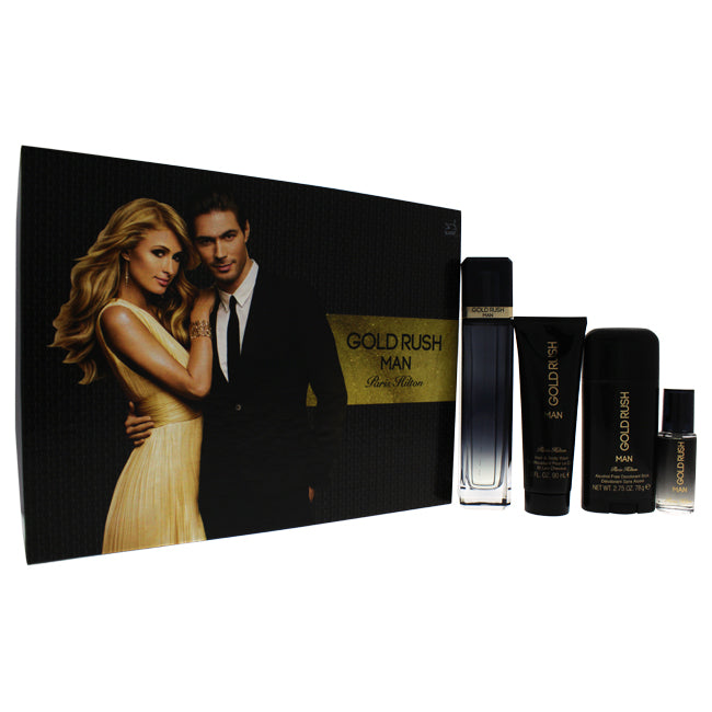 Paris Hilton Gold Rush Man by Paris Hilton for Men - 4 Pc Gift Set 3.4oz EDT Spray, 0.5oz EDT Spray, 3.0oz Hair Body Wash, 2.75oz Alcohol Free Deodorant Stick