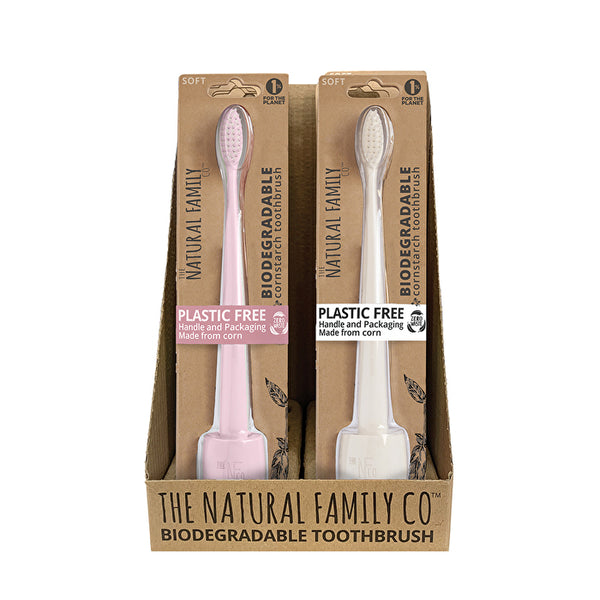 The Natural Family Co . Bio Toothbrush Pastel with Stand Mixed x 8 Display (contains: 5 Pastel Colours)