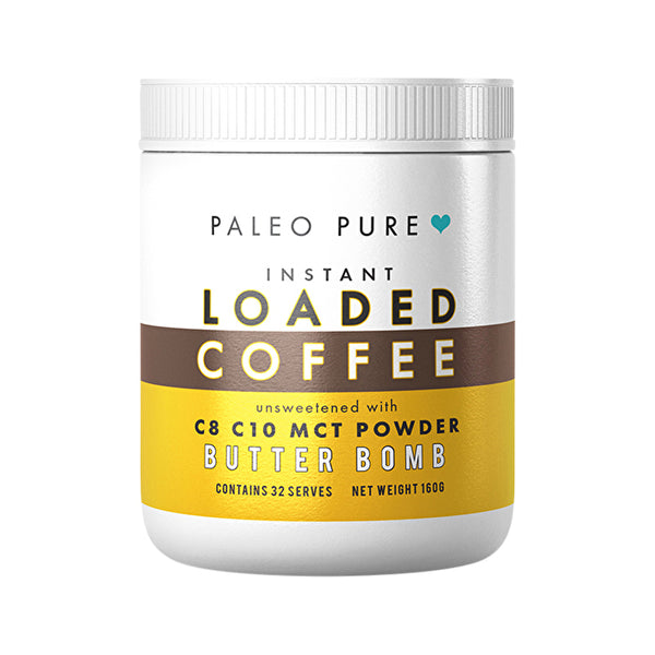 Paleo Pure Instant Loaded Coffee Unsweetened with C8 C10 MCT Powder Butter Bomb 160g