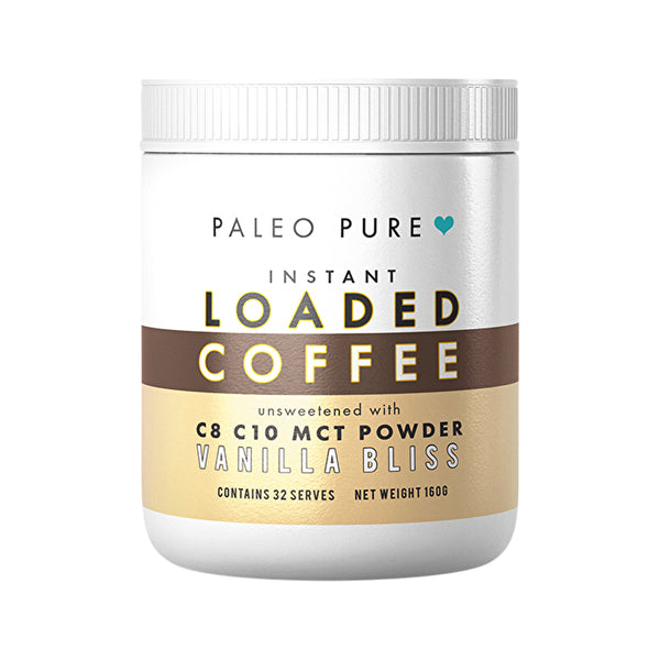 Paleo Pure Instant Loaded Coffee Unsweetened with C8 C10 MCT Powder Vanilla Bliss 160g