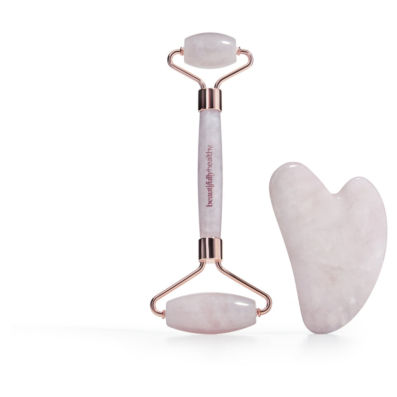 Beautifully Healthy Rose Quartz Massage Set (Gua Sha Stone And Roller)