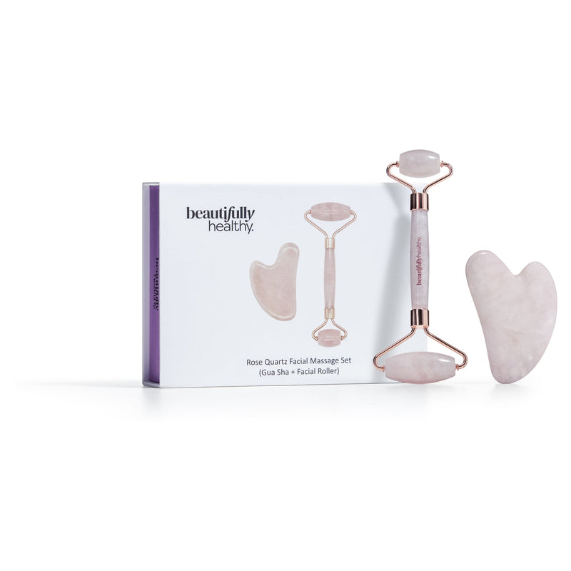 Beautifully Healthy Rose Quartz Massage Set (Gua Sha Stone And Roller)