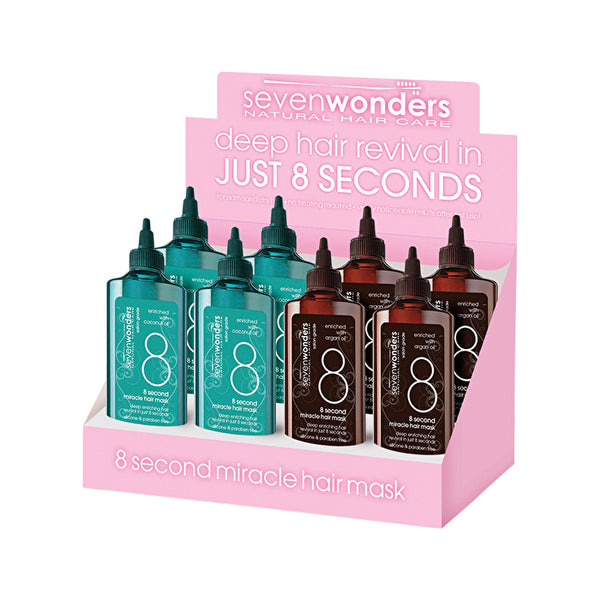 Seven Wonders Natural Hair Care 8 Second Miracle Hair Mask Mixed 150ml x 8 Display (contains: 4 x Argan Oil & 4 x Coconut Oil