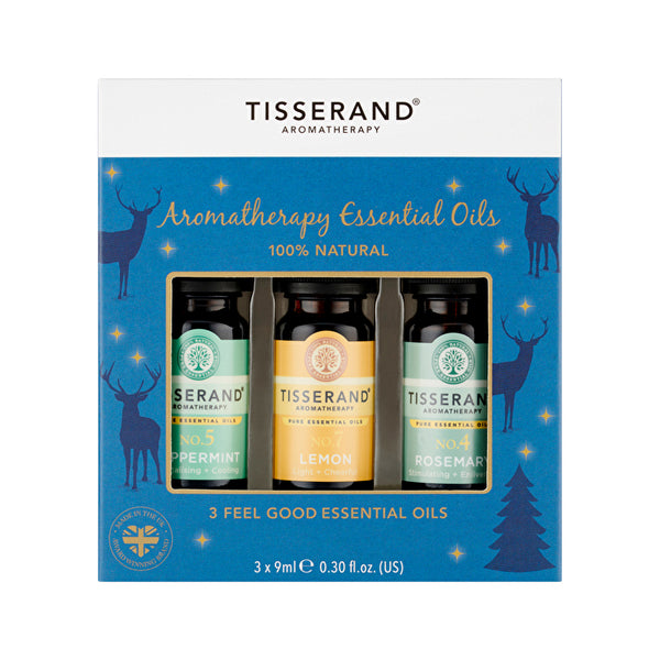 Tisserand Essential Oil Kit Feel Good Essential Oils (Blue Reindeers) 9ml x 3 Pack (Peppermint, Lemon & Rosemary)