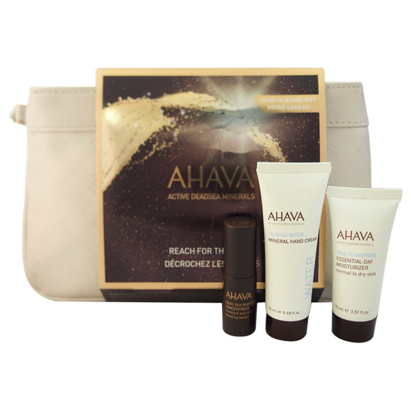 Ahava Reach For The Stars by Ahava for Unisex - 3 Pc Kit 0.68oz Deadsea Water Mineral Hand Cream, 0.51oz Essential Day Moisturizer - Normal To Dry Skin, 0.17oz Moisture And Radiance Boosting Serum