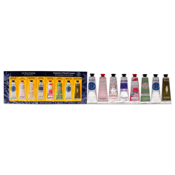 LOccitane Fantastic 8 Hand Creams Kit by LOccitane for Unisex - 8 x 1 oz 2 Shea Dry Skin, Rose, Cherry Blossom, Lavender, Pivoine Flora, Almond, Verveine Cooling Hand Cream Gel