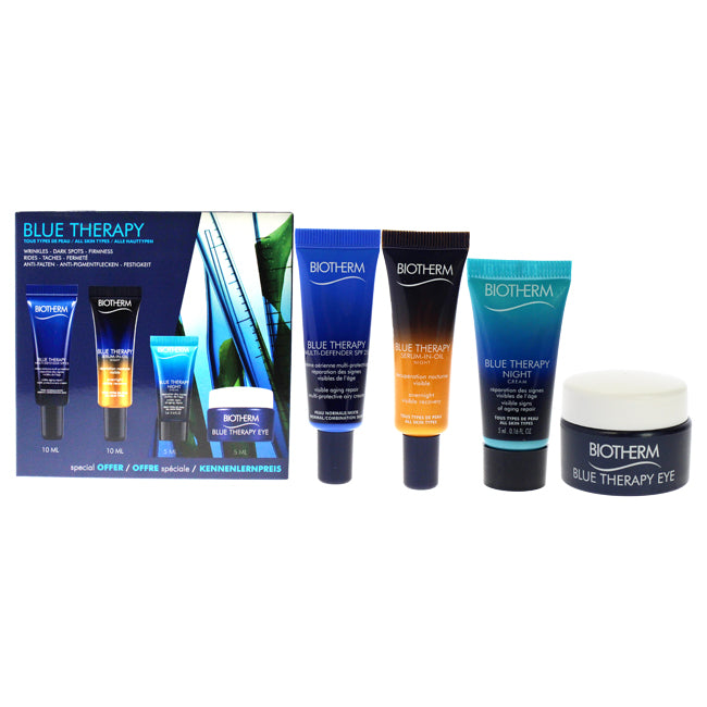 Biotherm Blue Therapy Kit by Biotherm for Unisex - 4 Pc Kit 0.16oz Blue Therapy Night, 0.16oz Blue Therapy Eye, 0.33oz Blue Therapy Serum-In-Oil Nuit, 0.33oz Blue Therapy Multi-Defender SPF 25