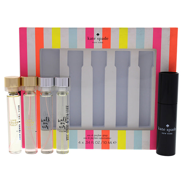Kate Spade Live Colorfully and Walk on Air Purse Spray Coffret by Kate Spade for Women - 4 Pc Mini Gift Set 4 x 0.4oz EDP Spray Live Color Fully, Live Color Fully Sunshine, Walk On Air, Walk On Air Sunshine and Refillable Purse Spray Case