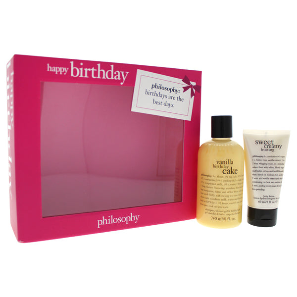 Philosophy Happy Birthday by Philosophy for Women - 2 Pc Kit 8oz Vanilla Birthday Cake Shampoo Shower Gel and Bubble Bath, 2oz Sweet Creamy Frosting Body Lotion
