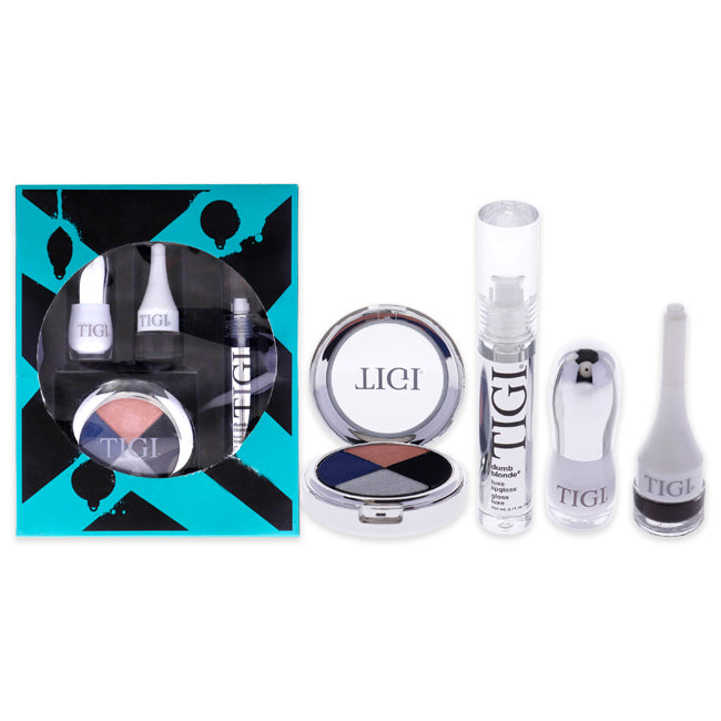 TIGI Smoke And Mirrors Set by TIGI for Women - 4 Pc Set 0.301oz Hight Density Quad Eyeshadow - Last Call , 0.11oz Luxe Lip Gloss - Dumb Blonde, 0.14oz Decadent Lipstick - Faith, 0.10oz Creme Eyeliner - Black