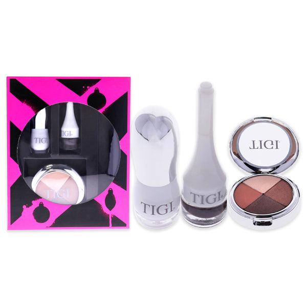 TIGI Total Knockout Set by TIGI for Women - 4 Pc Set 0.301oz Hight Density Quad Eyeshadow - Love Affair , 0.11oz Luxe Lip Gloss - Dumb Blonde, 0.14oz Decadent Lipstick - Fierce, 0.10oz Creme Eyeliner - Graphite