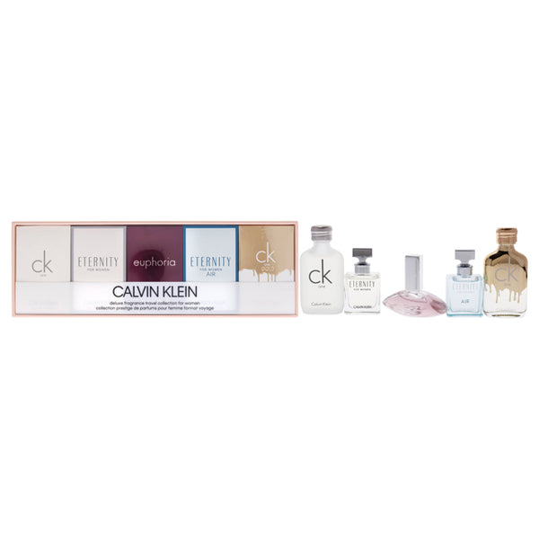 Calvin Klein Calvin Klein Deluxe Fragrance Travel Collection by Calvin Klein for Women - 5 Pc Mini Gift Set 0.33oz CK One EDT Splash, 0.33oz CK One Gold EDT Spray 0.16oz Eternity EDP Splash, 0.16oz Eternity Air EDT Spray, 0.13oz Euphoria EDP Splash,