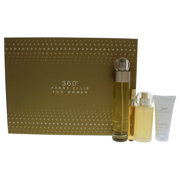 Perry Ellis 360 by Perry Ellis for Women - 4 Pc Gift Set 3.4oz EDT Spray, 0.33oz EDT Spray, 4oz Body Mist Spray, 2oz Hand Cream