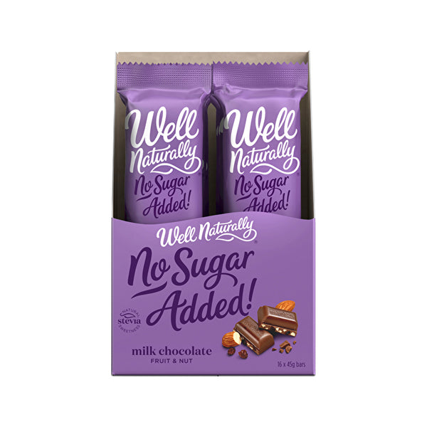 Well Naturally No Added Sugar Bar Milk Chocolate Fruit & Nut 45g x 16 Display