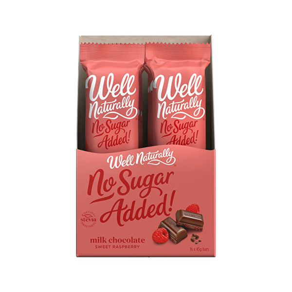 Well Naturally No Added Sugar Bar Milk Chocolate Sweet Raspberry 45g x 16 Display
